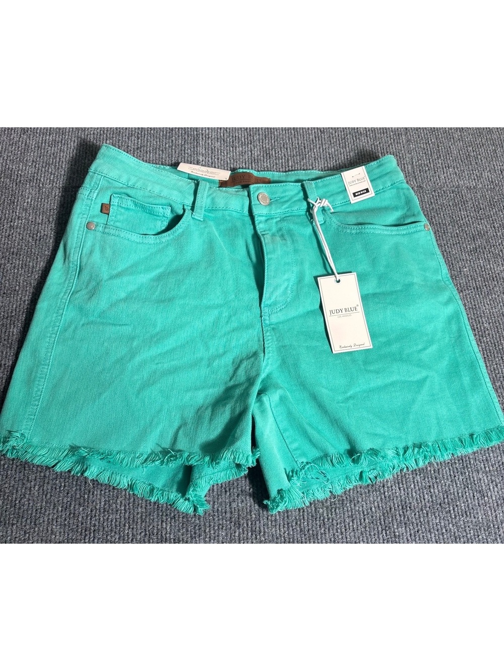 Judy Blue Aquamarine Mid Rise Denim Shorts with Frayed Hem - Size L